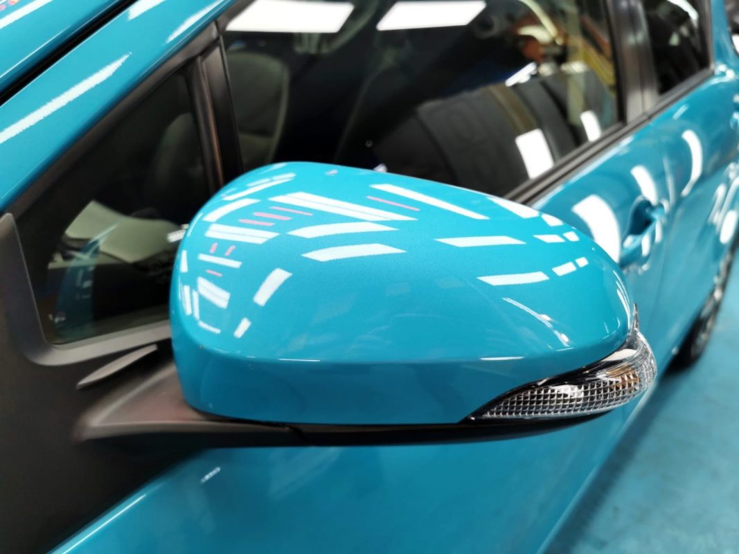 Side panel of the Toyota Prius with the titanium finish locked in.