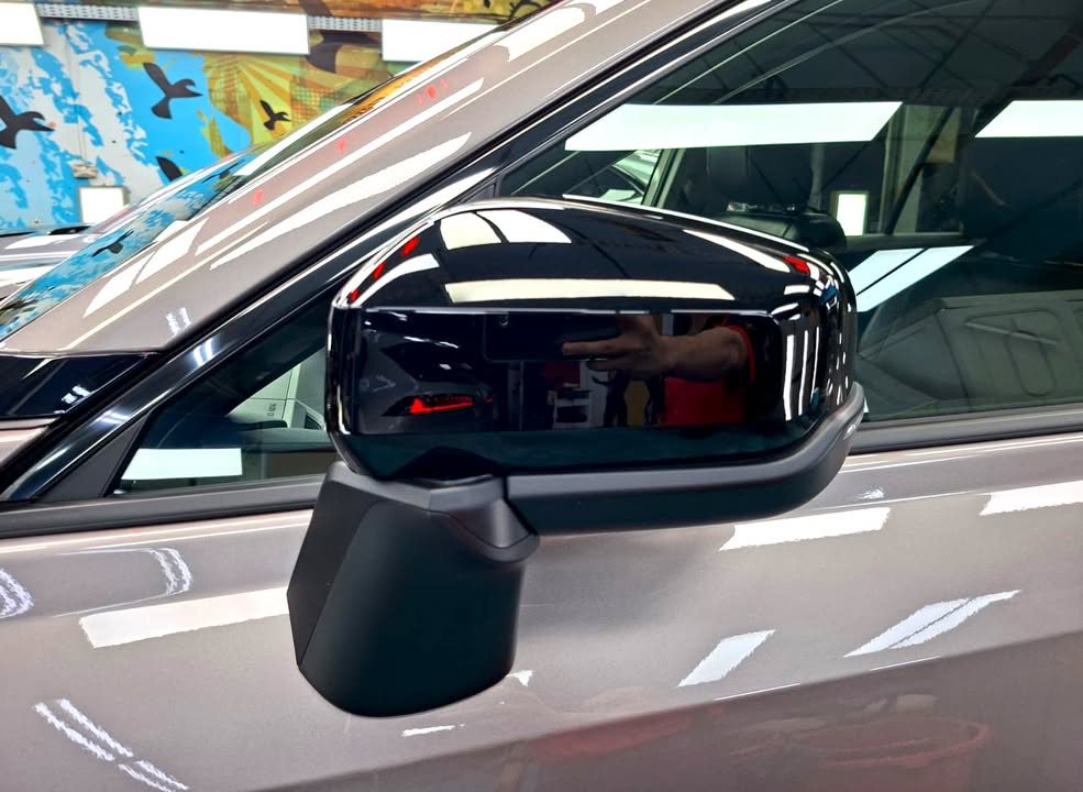 Gloss black wing mirror on the bronze grey RAV4.