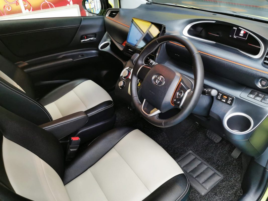 The Toyota Sienta parked in the workshop, freshly coated.