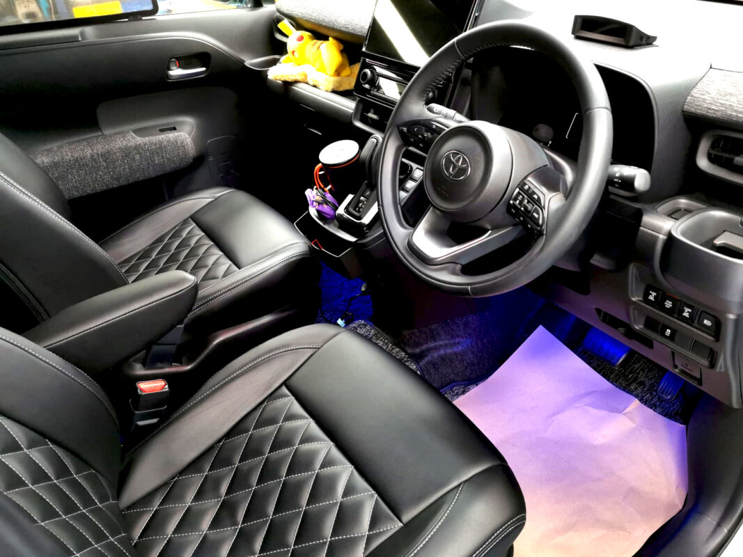 The Toyota Sienta parked in the workshop, freshly coated.