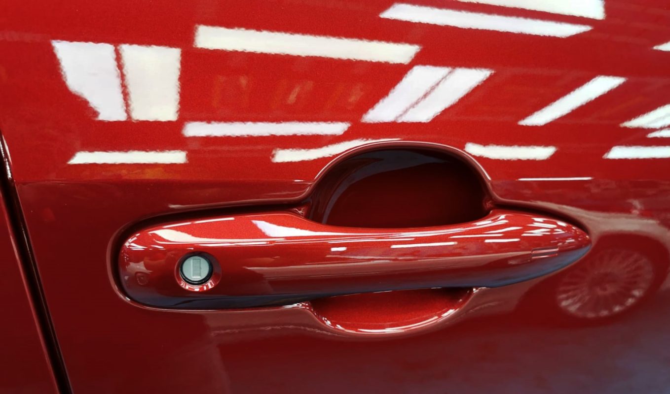 Front three-quarter view of the Toyota Yaris after coating.