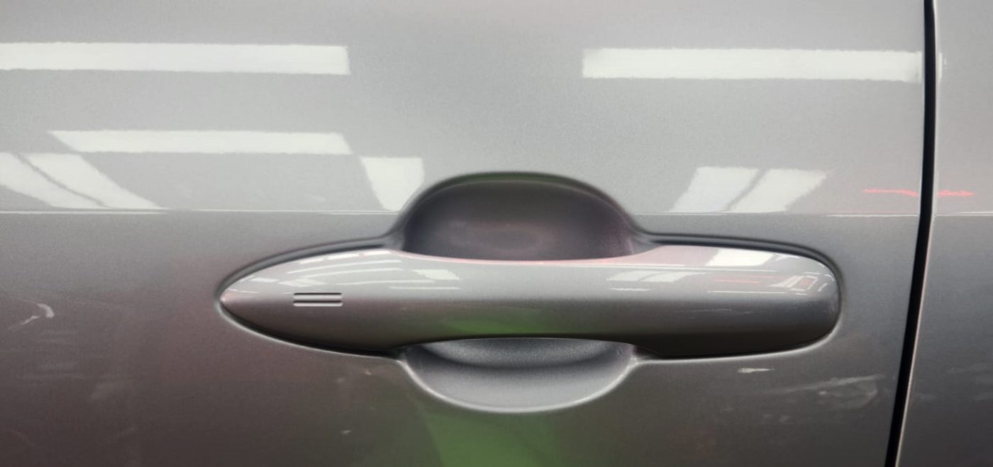 Front three-quarter view of the Toyota Yaris after coating.