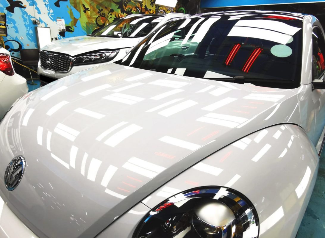 The Volkswagen Beetle from a side angle after the titanium coating.