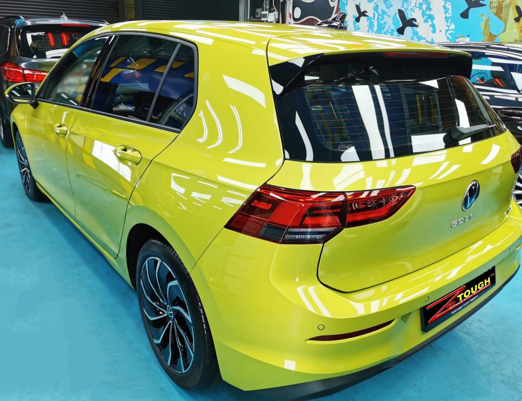 Rear quarter of the Golf, glossy and protected.