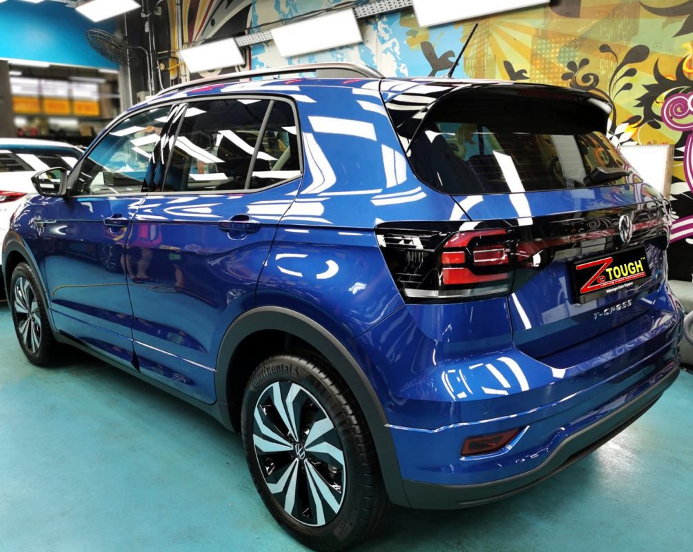 Rear quarter of the Volkswagen T-Cross R-Line, glossy and protected.