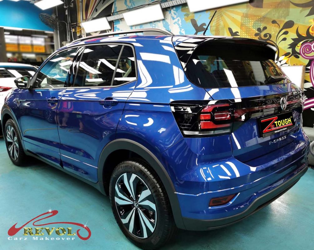 Rear quarter of the Volkswagen T-Cross, glossy and protected.