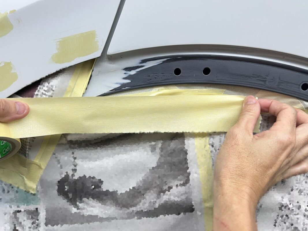 Masking complete, the Tiguan ready to enter the spray booth.