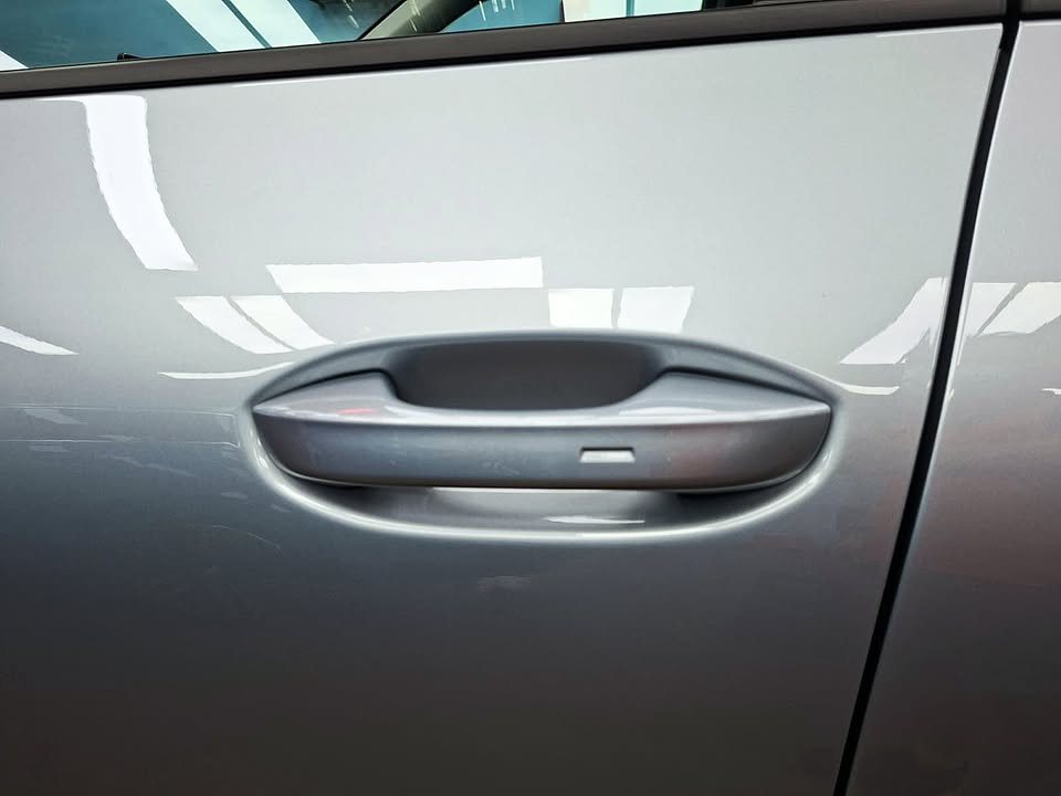 Silver grey door panel and door handle with crisp reflections.