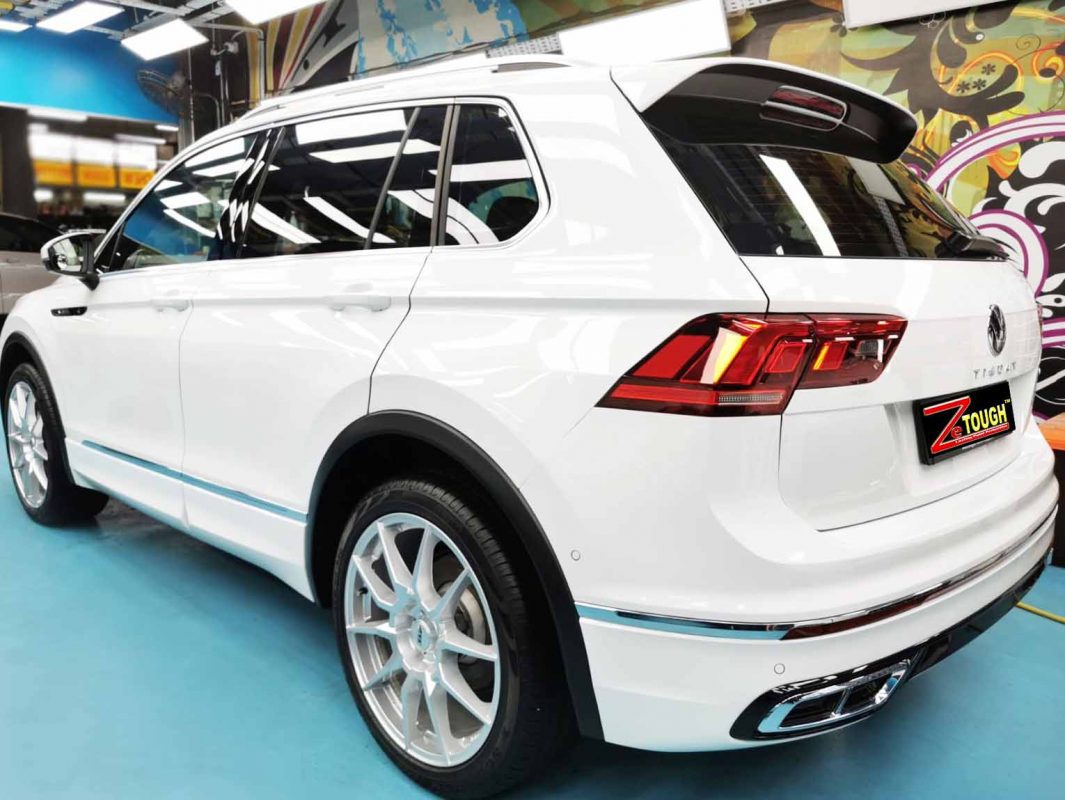 Rear quarter of the Volkswagen Tiguan, glossy and protected.