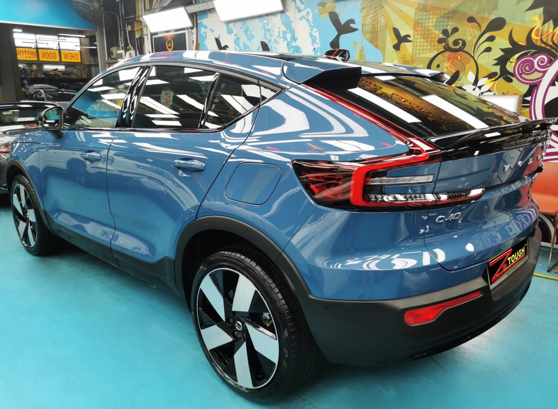 Rear quarter of the Volvo C40, glossy and protected.