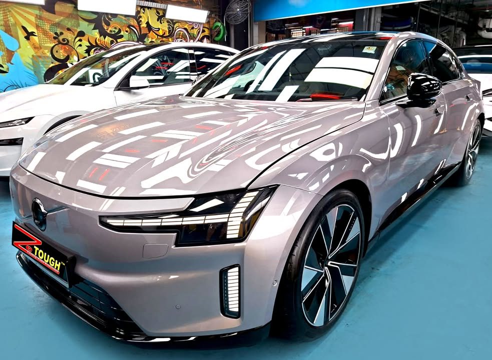 Silver Volvo ES90 front three-quarter view in the Revol Carz workshop after ZeTough Titanium coating.