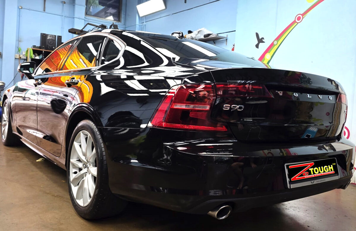 Rear quarter of the Volvo S90, glossy and protected.