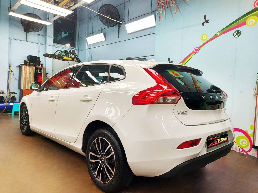 Rear quarter of the Volvo V40, glossy and protected.