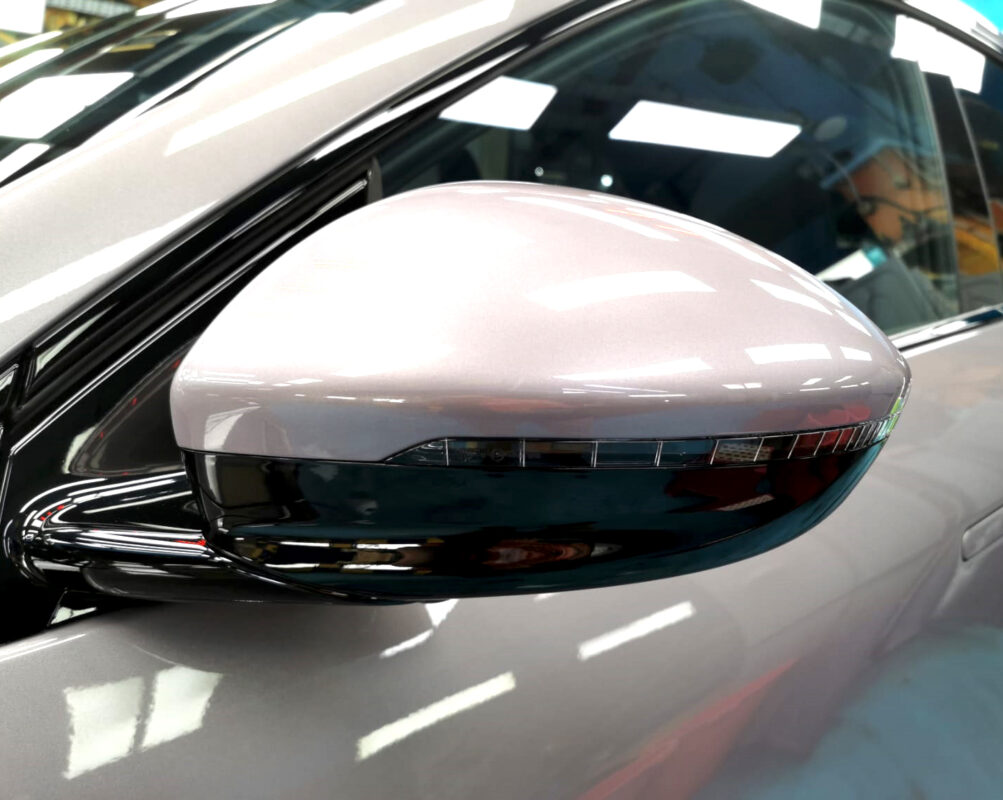 Side panel of the XPeng G6 with the ceramic finish locked in.