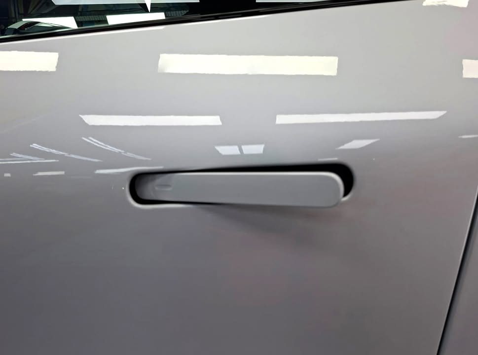 Flush door handle set into the white door of the Xpeng G6.