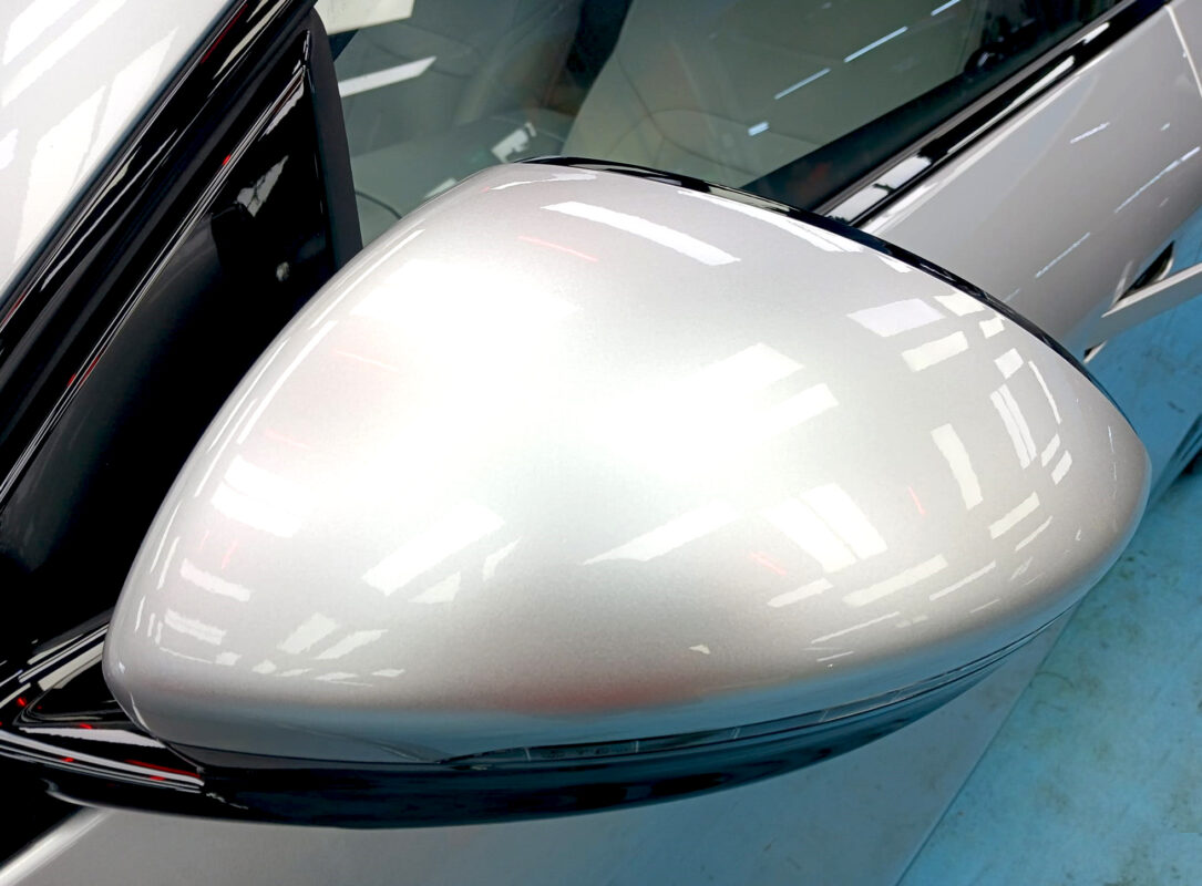 Rear three-quarter view of the XPeng with the coating sealed.