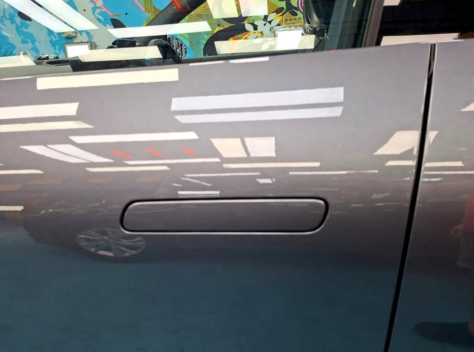 Grey door panel with flush handle, ceiling lights reflected in the paint.