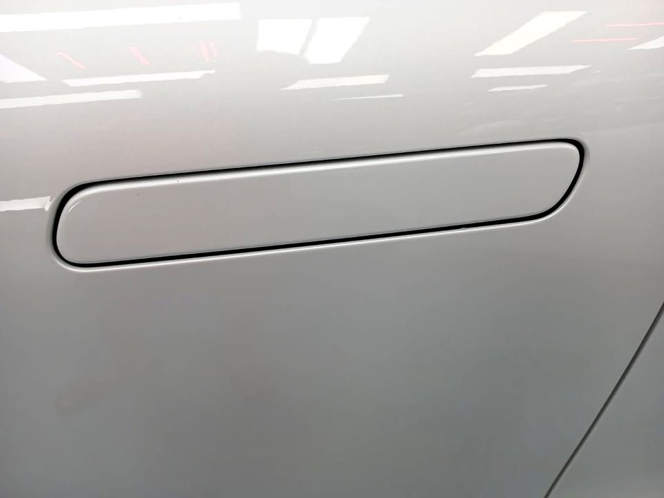 Flush door handle set into the white door panel.